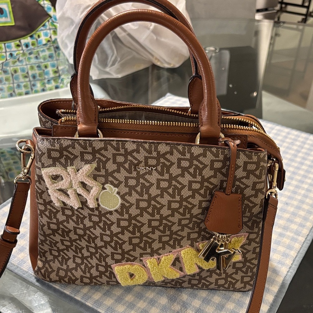 DKNY Brown Monogram Satchel with Patches